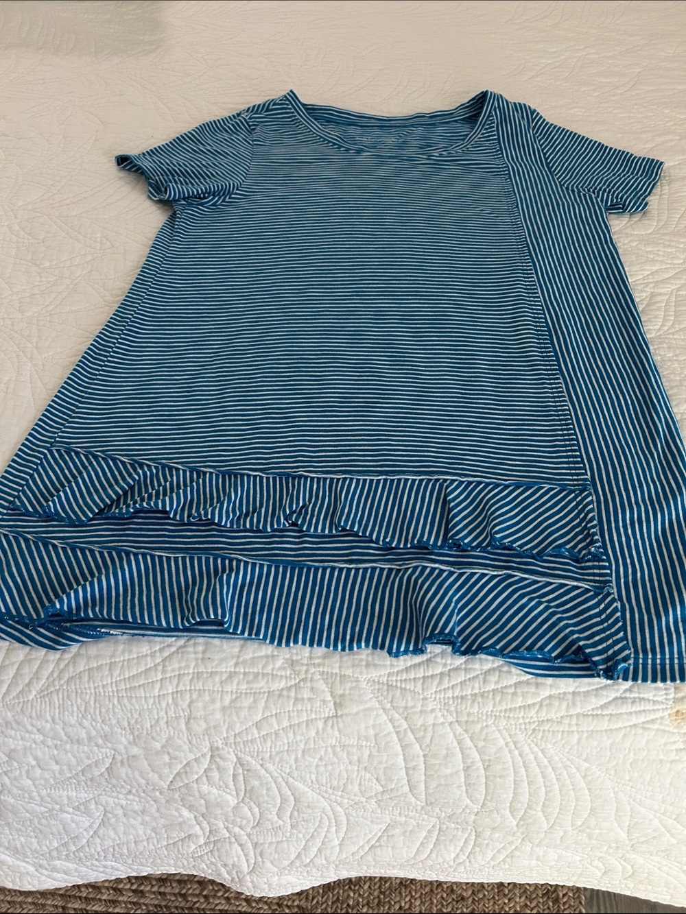Soft Surroundings Blue and White Striped Short Sleeve Ruffle Tee
